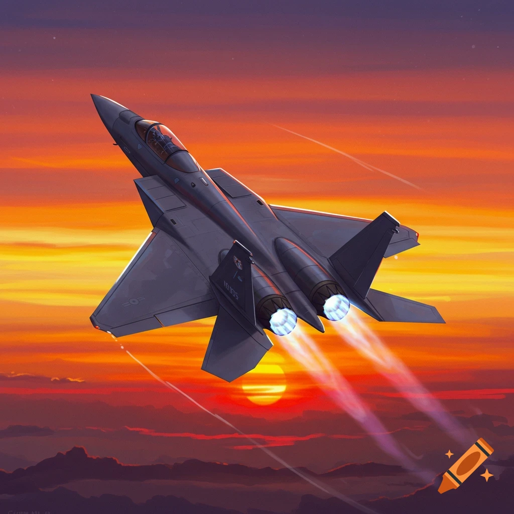 A fighter jet flying into a colorful sunset over mountains.