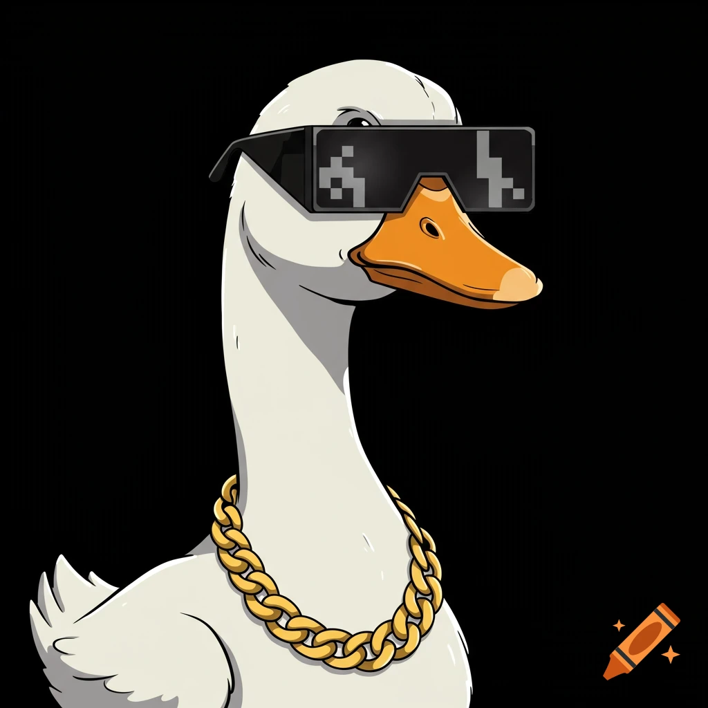 Cartoon goose with pixelated sunglasses and a gold chain.