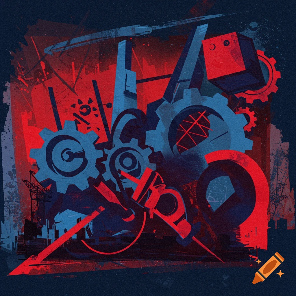 An abstract illustration in red and blue depicting large gears and industrial structures with a grunge texture.