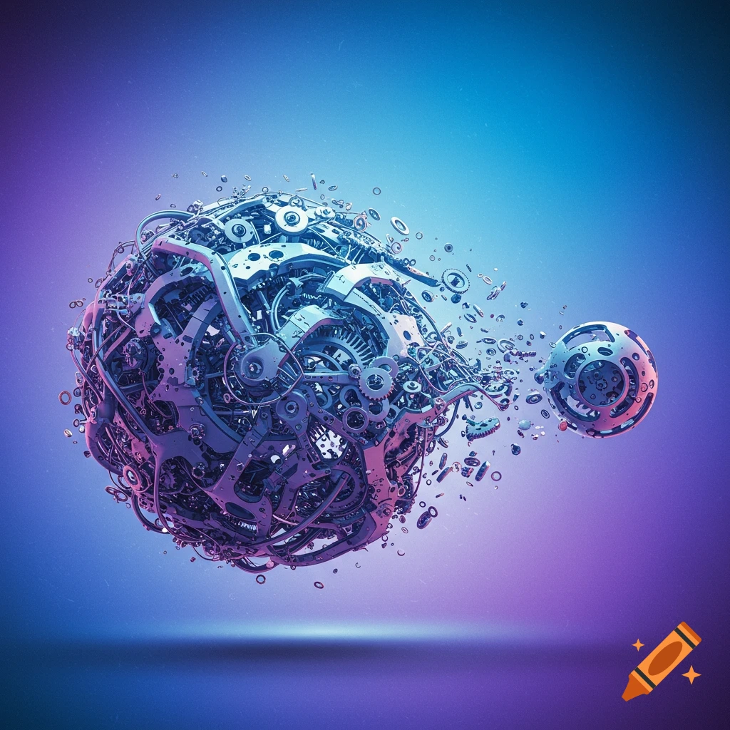 A complex metallic sphere made of gears and wires disintegrating, with a smaller sphere breaking away, against a blue and purple gradient background.