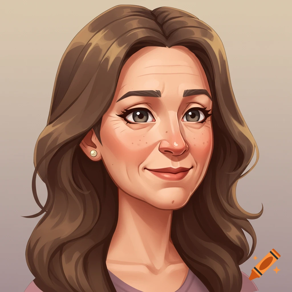 Cartoon portrait of a woman with long brown hair and freckles