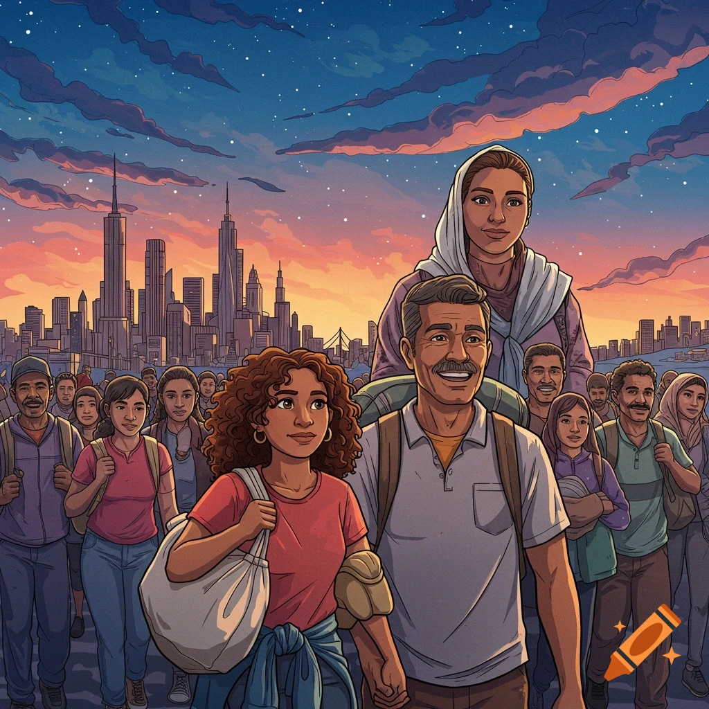 Digital illustration of a diverse group of people walking towards a city skyline at sunset.
