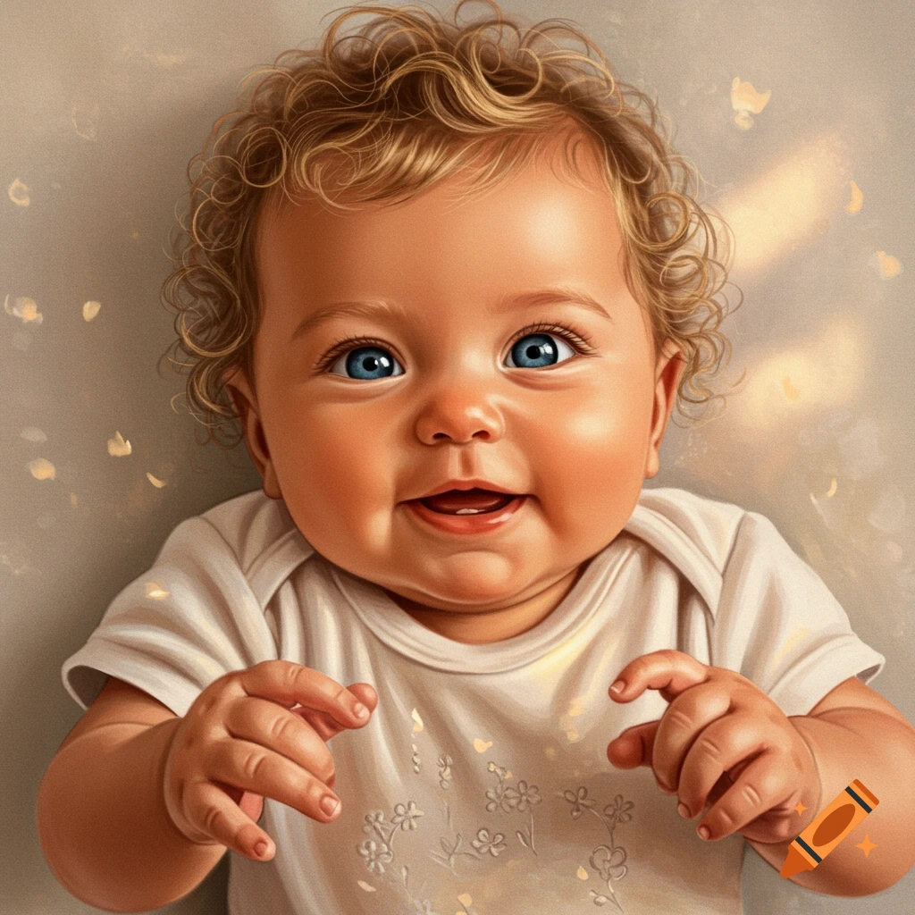 Smiling baby with blue eyes and curly hair.