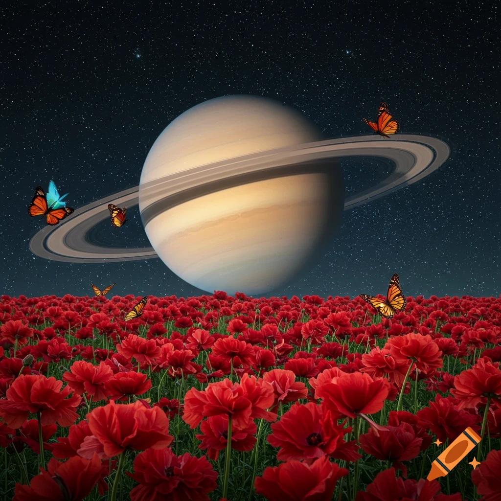 Saturn hangs in a starfield over a field of red flowers with butterflies.