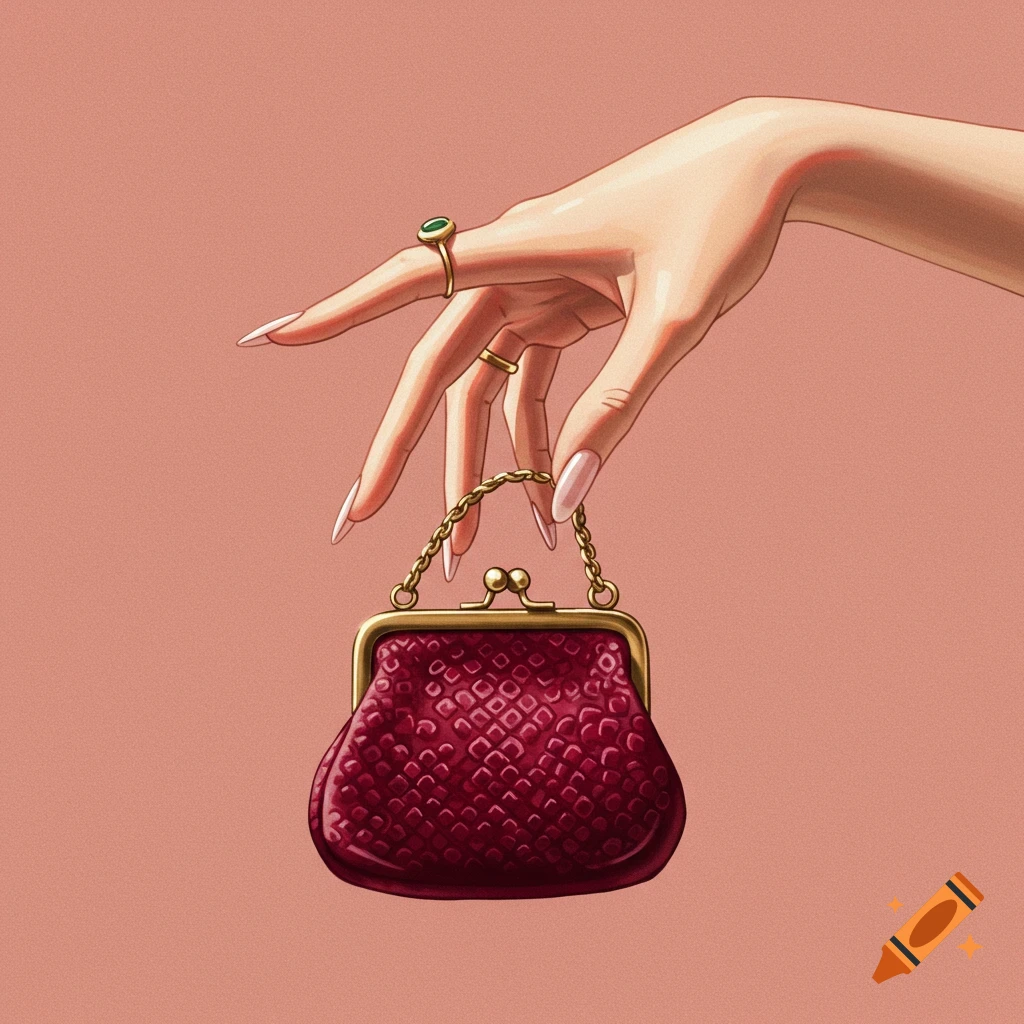 A feminine hand holding a small red coin purse.
