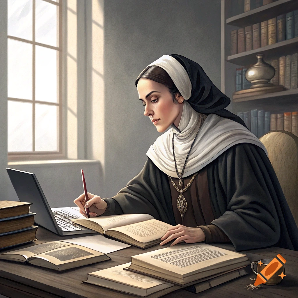 A nun works at a desk with books and a laptop in a sunlit room.