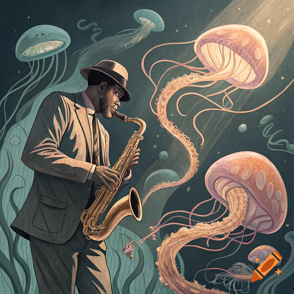 Musician playing saxophone among large jellyfish in a stylized underwater scene.