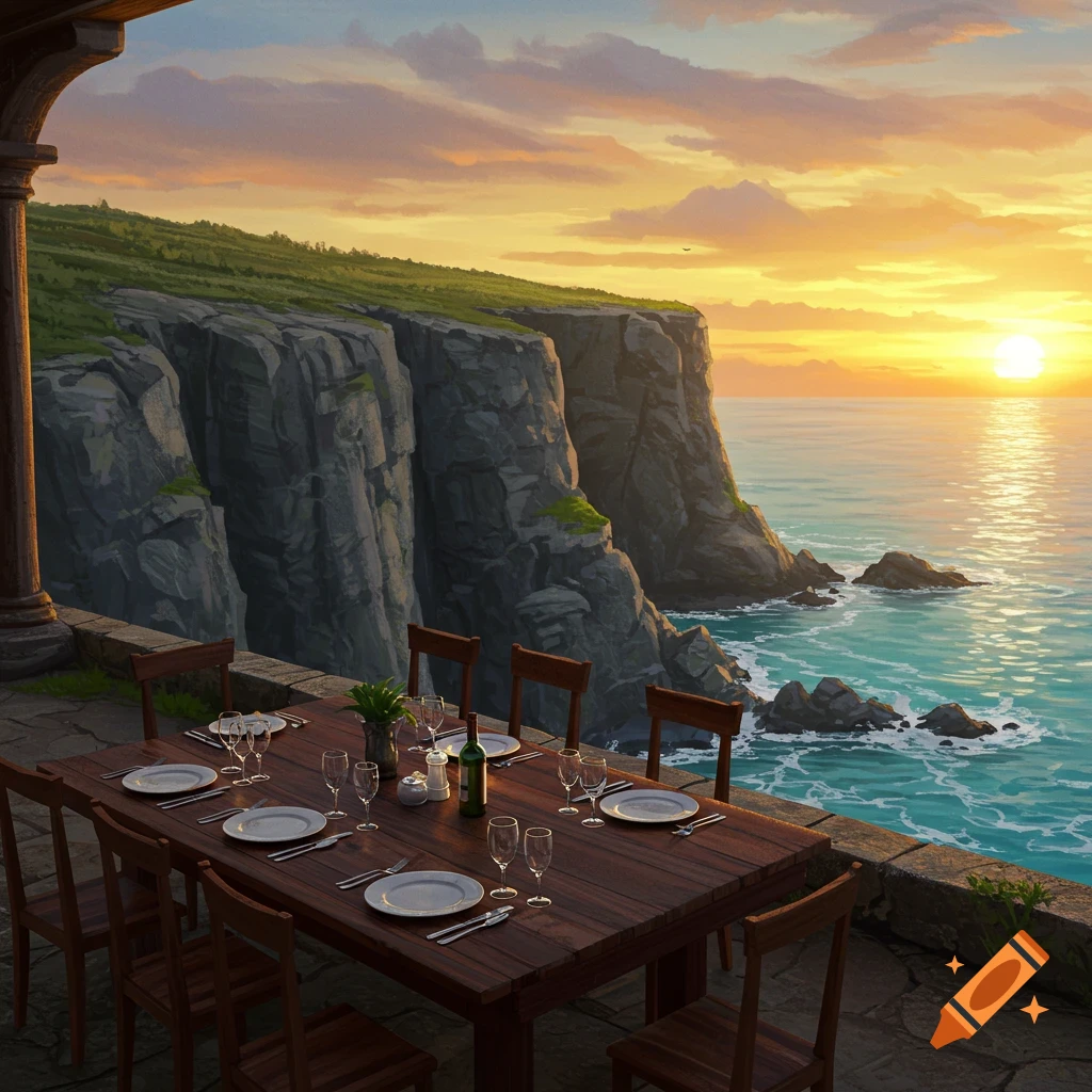 Dining table on a patio overlooks a cliff and ocean at sunset.