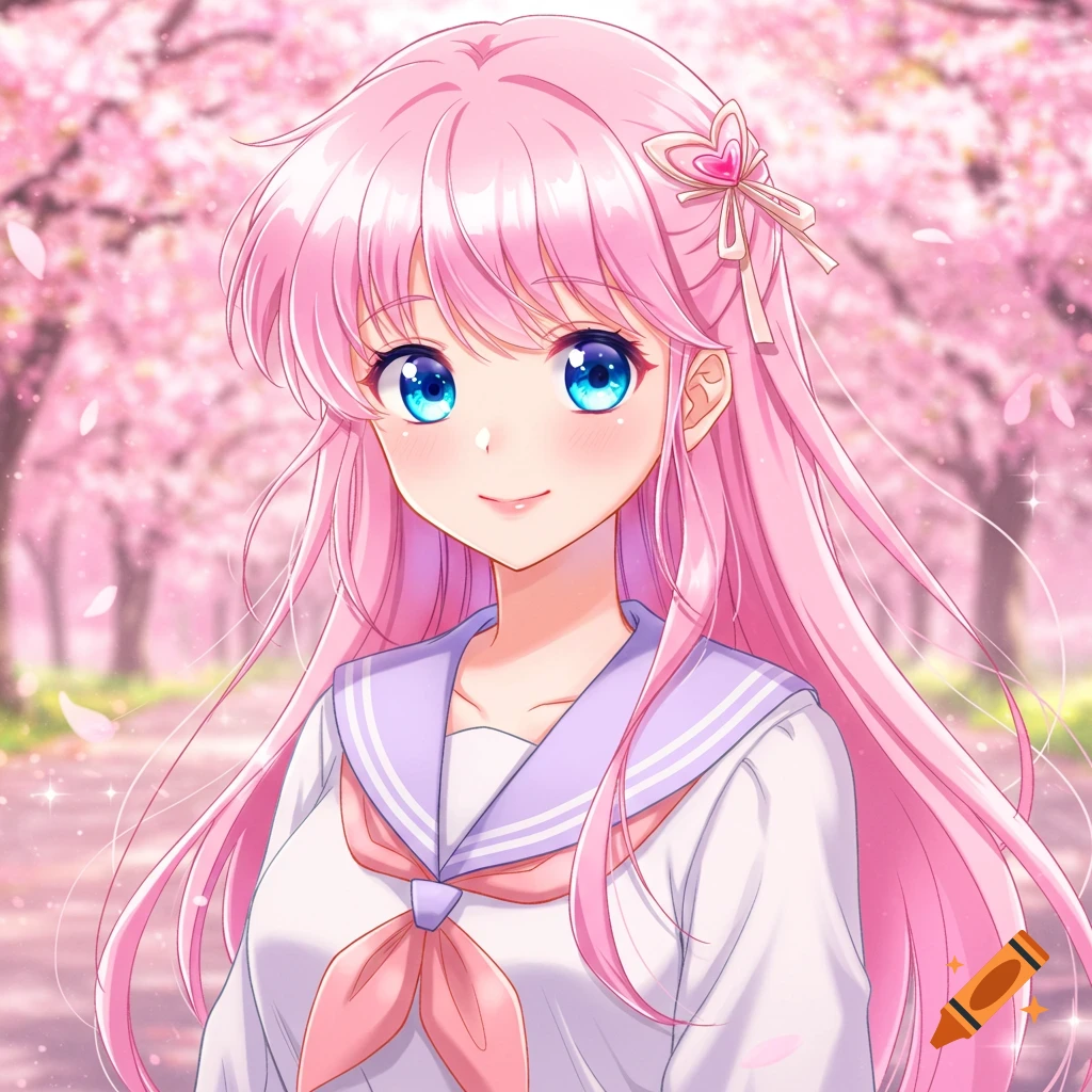 An anime girl with pink hair and blue eyes smiles while standing in a park filled with blooming cherry blossom trees. She wears a white school uniform with a blue collar.