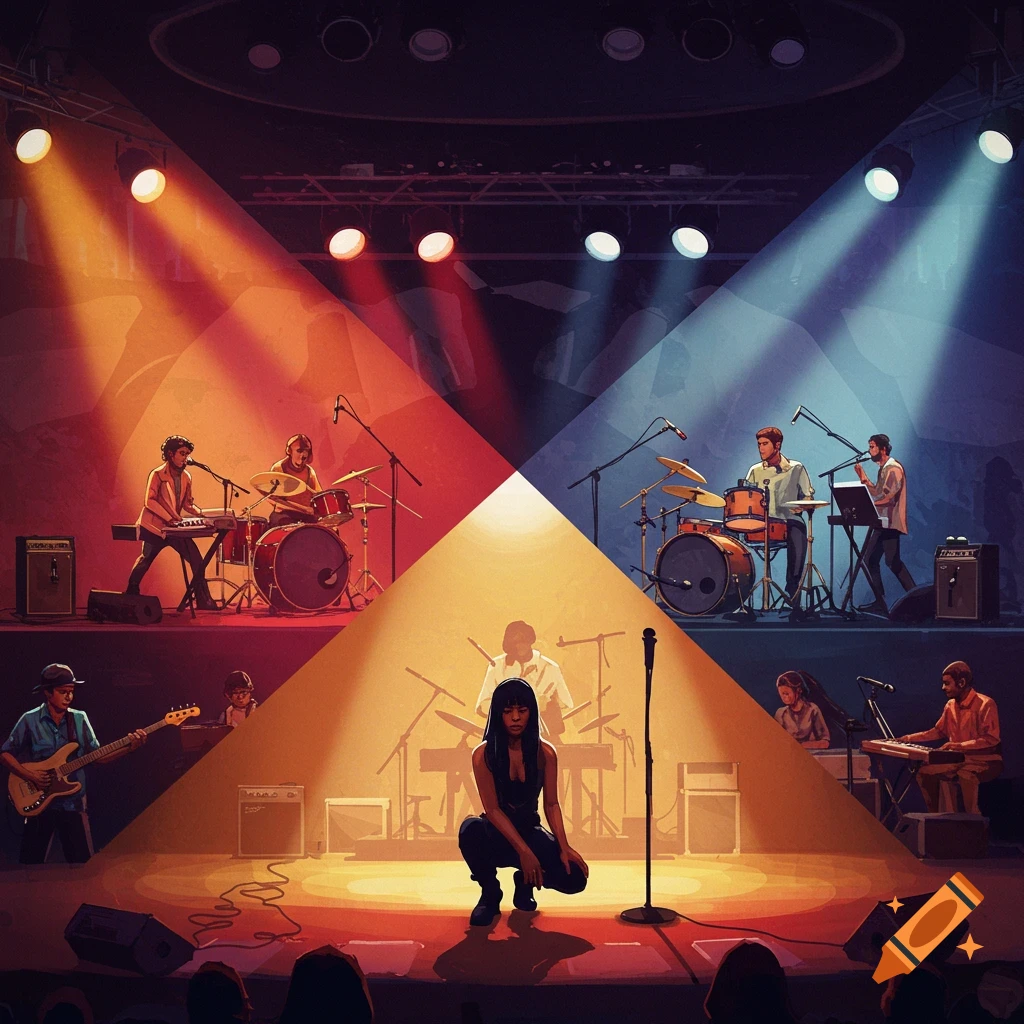 A band performing on a stage with colorful lights, featuring a woman crouching in the foreground.