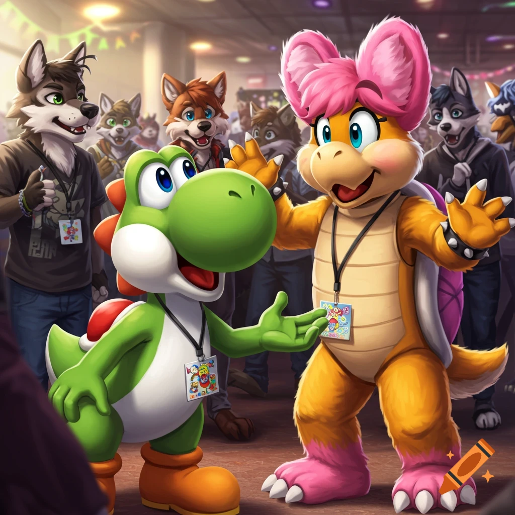 Yoshi and a Koopa character meet at a furry convention, surrounded by furry attendees, digital art.