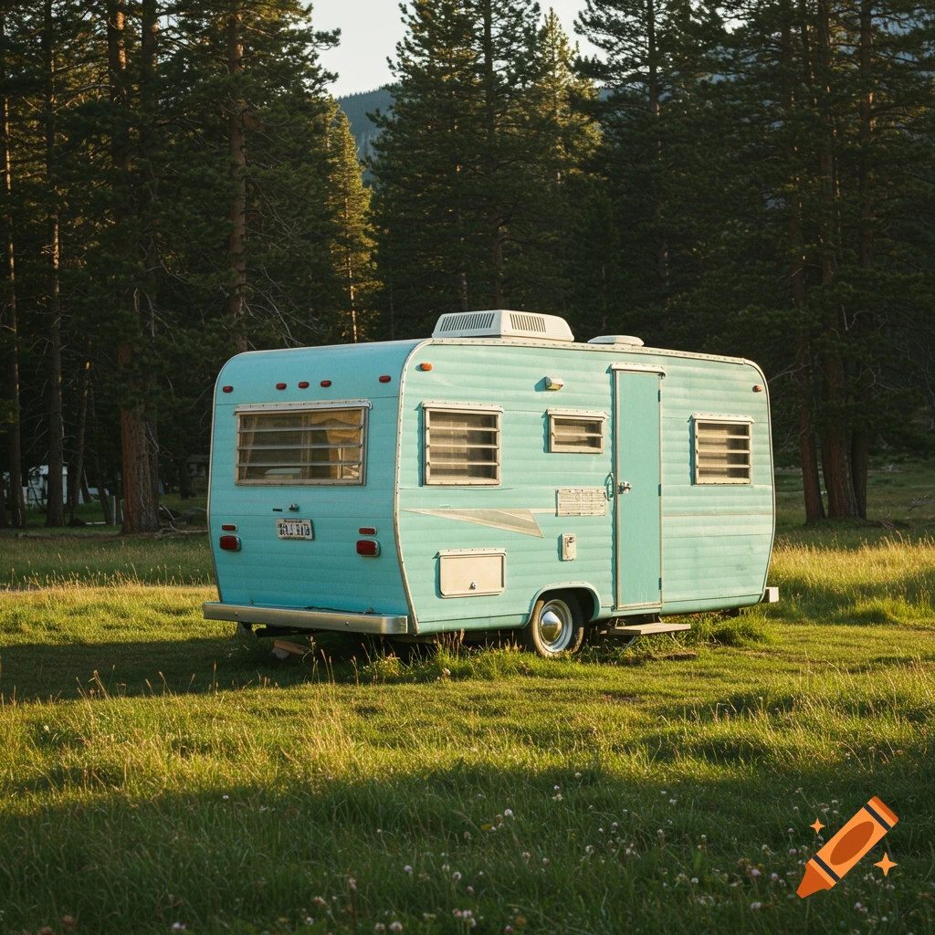 A blue vintage camper trailer sits in a grassy field at sunset.