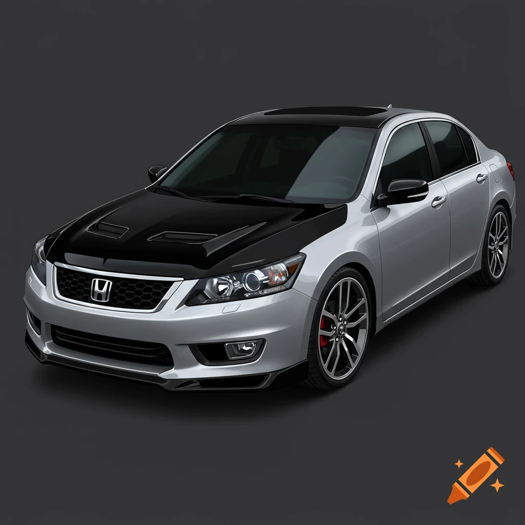 Silver car with black hood, tinted windows, and silver rims on a dark background.