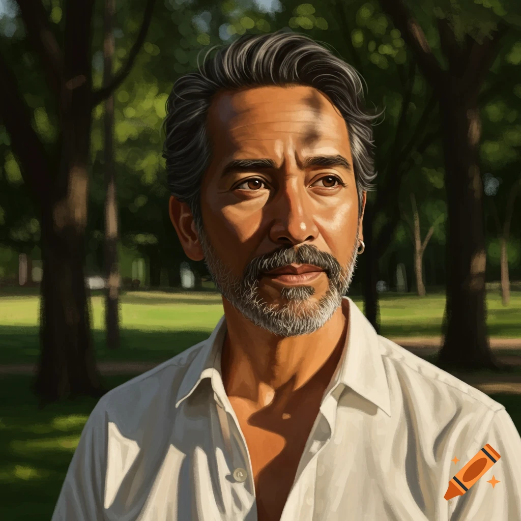 A man with gray hair and beard in a park.