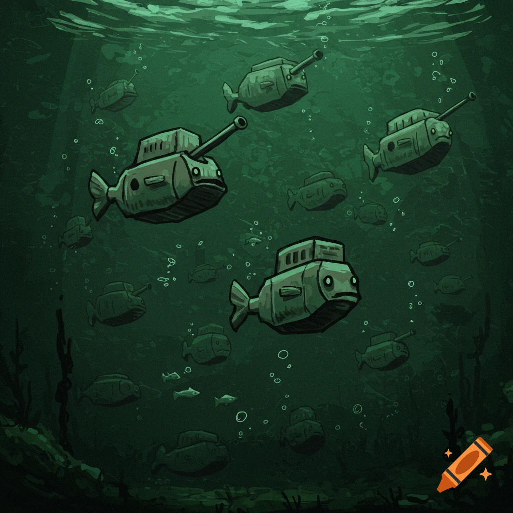 Cartoonish fish shaped like military tanks swimming underwater.
