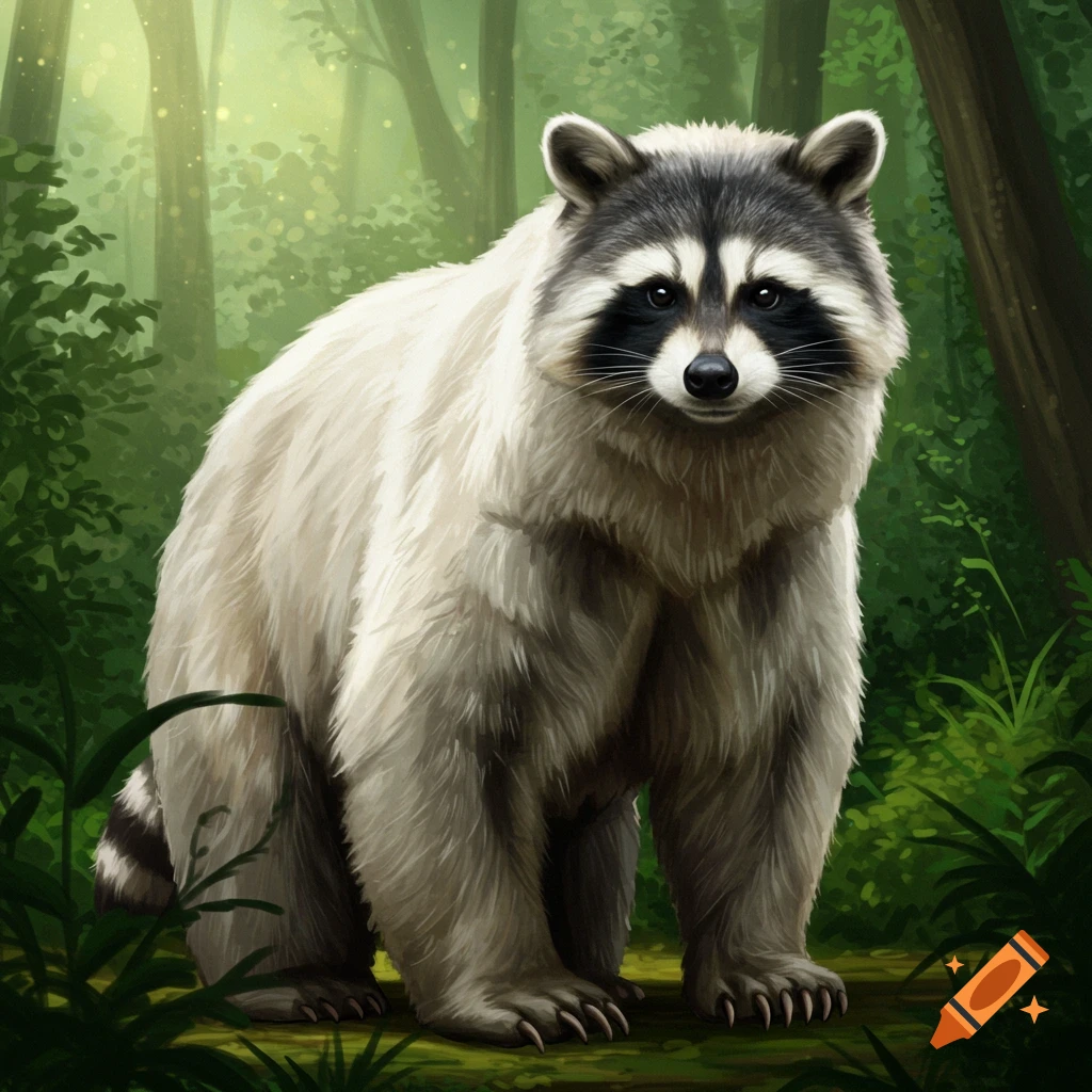 A raccoon and bear hybrid creature is standing in a forest.