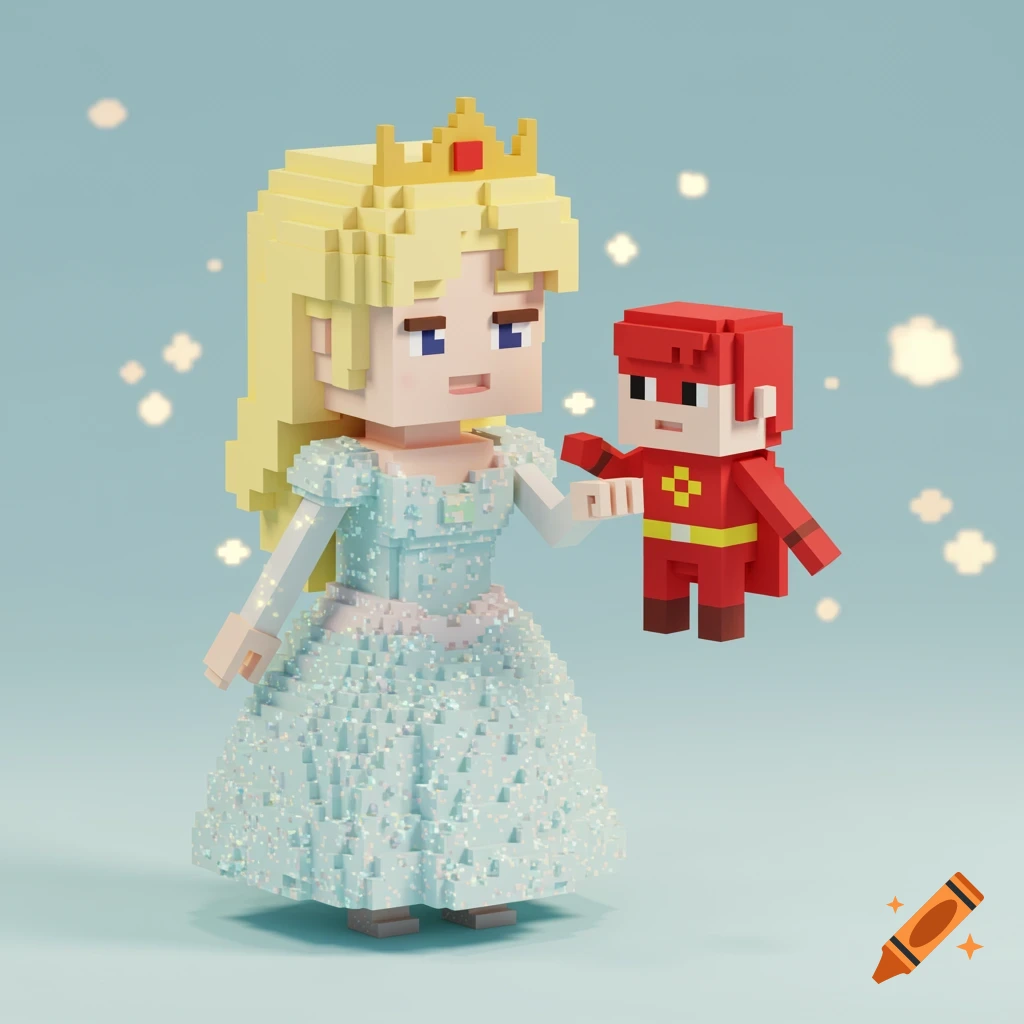 A 3D pixelated princess in a shimmering gown holds a red-caped superhero.