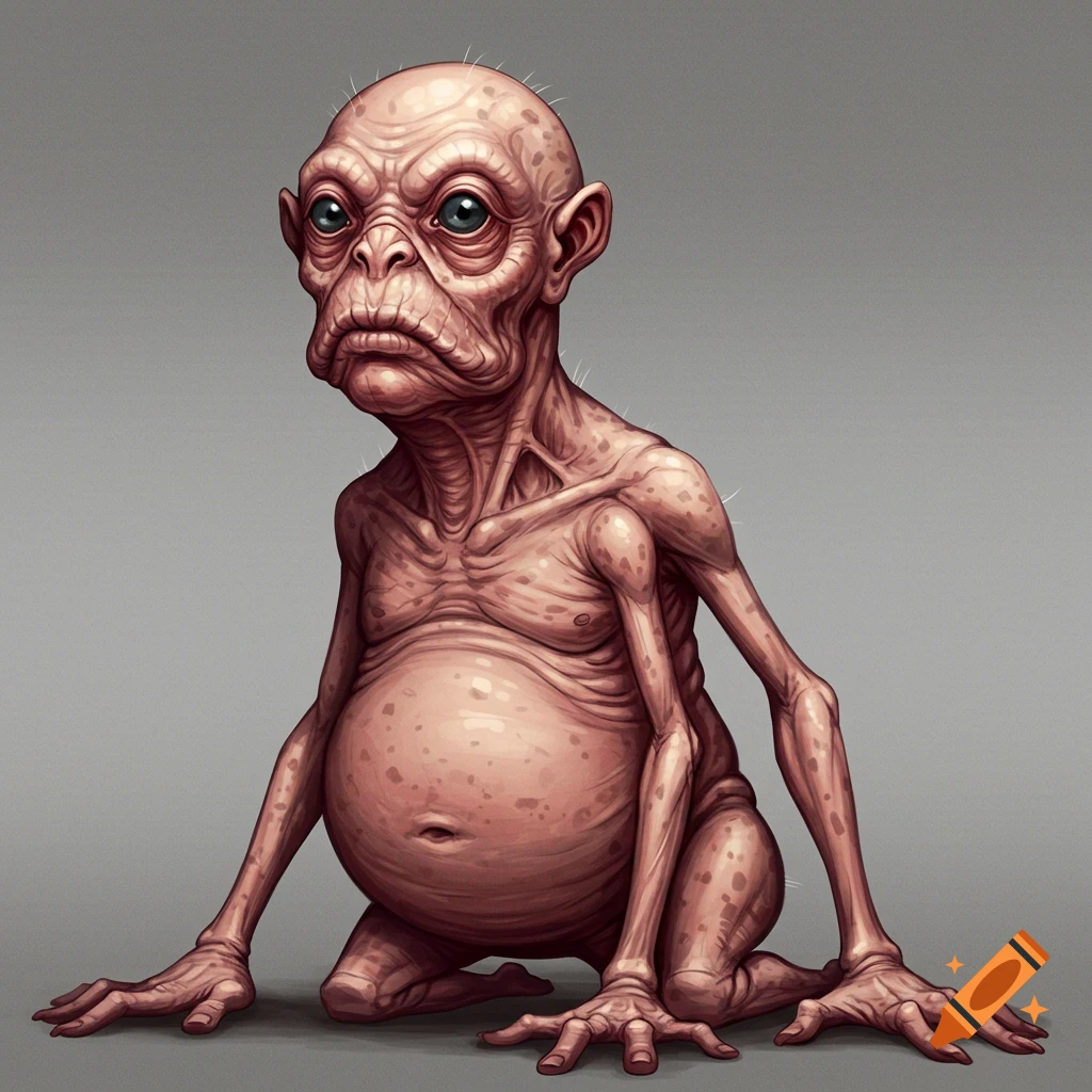 A pale, wrinkled creature with a large belly, long arms, and spindly fingers sits on the ground.