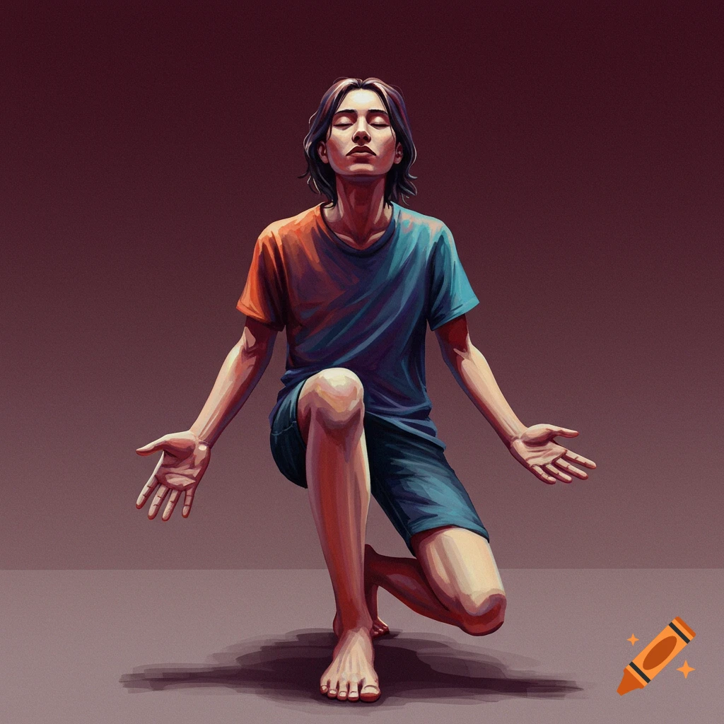 A person kneeling with eyes closed and hands open.
