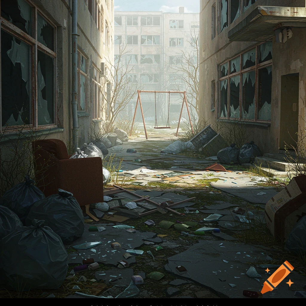 Abandoned urban alley with broken buildings, scattered trash, and a swing set in the background.