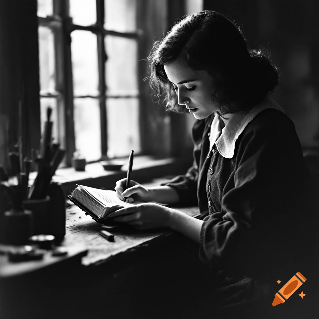 Black and white photo of a young woman writing in a diary by a window.