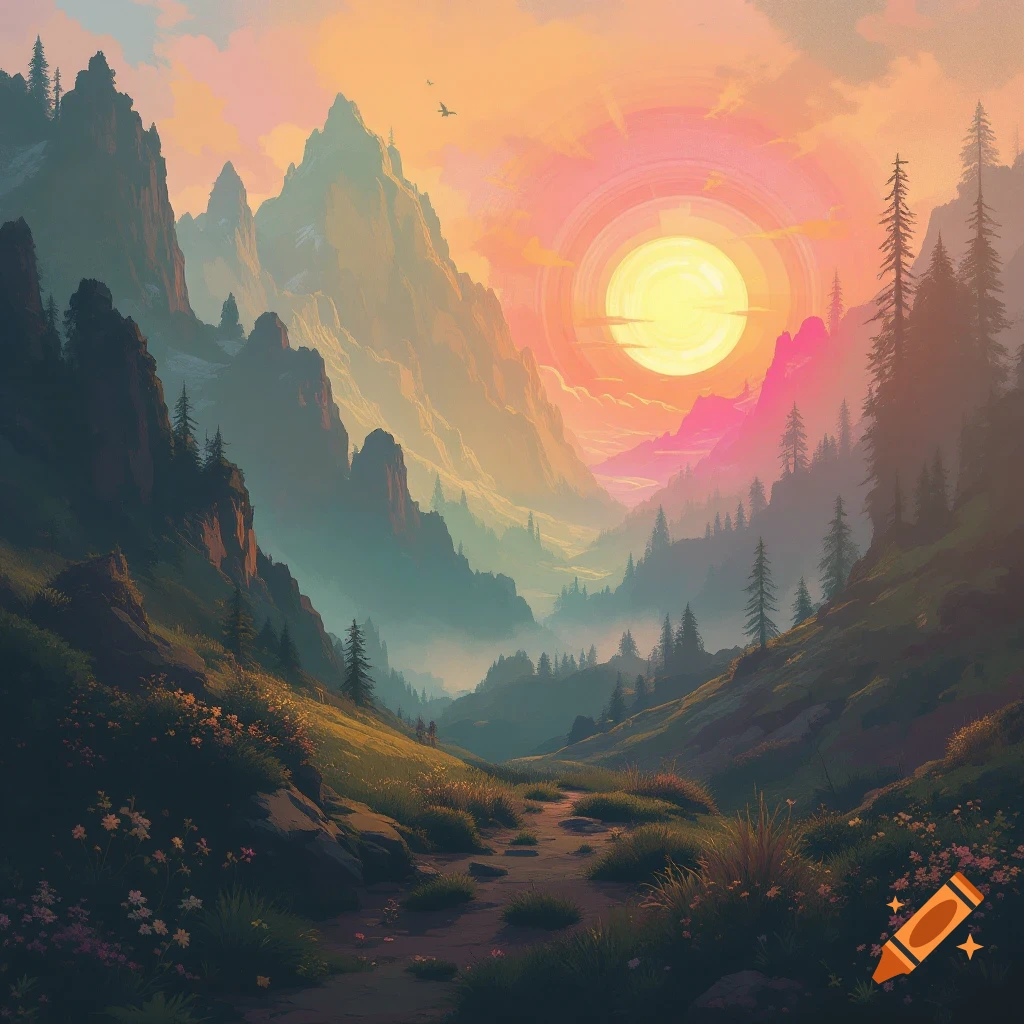 Mountain valley path leading towards a vibrant sunset sky.