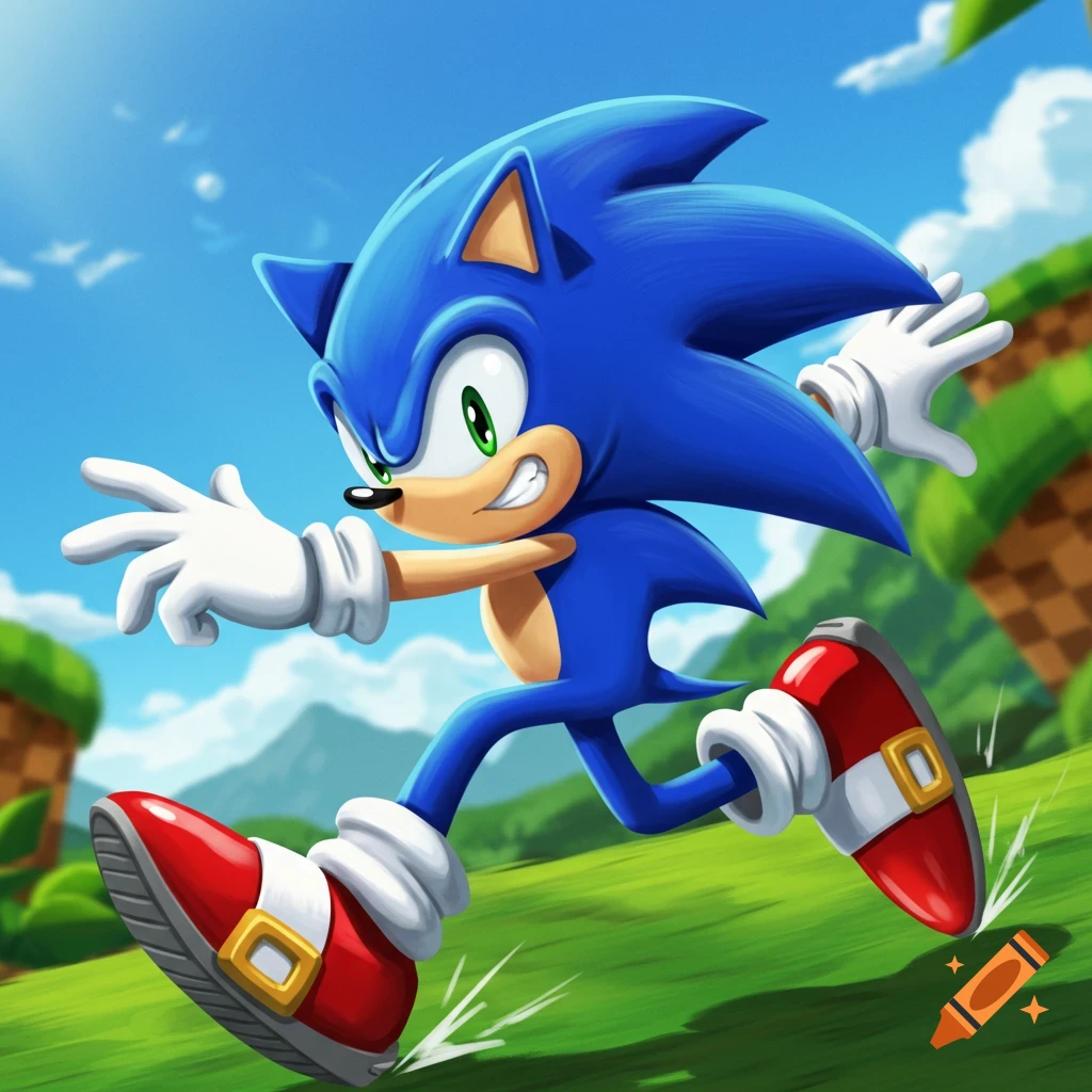 Sonic the Hedgehog runs through a green hill zone.