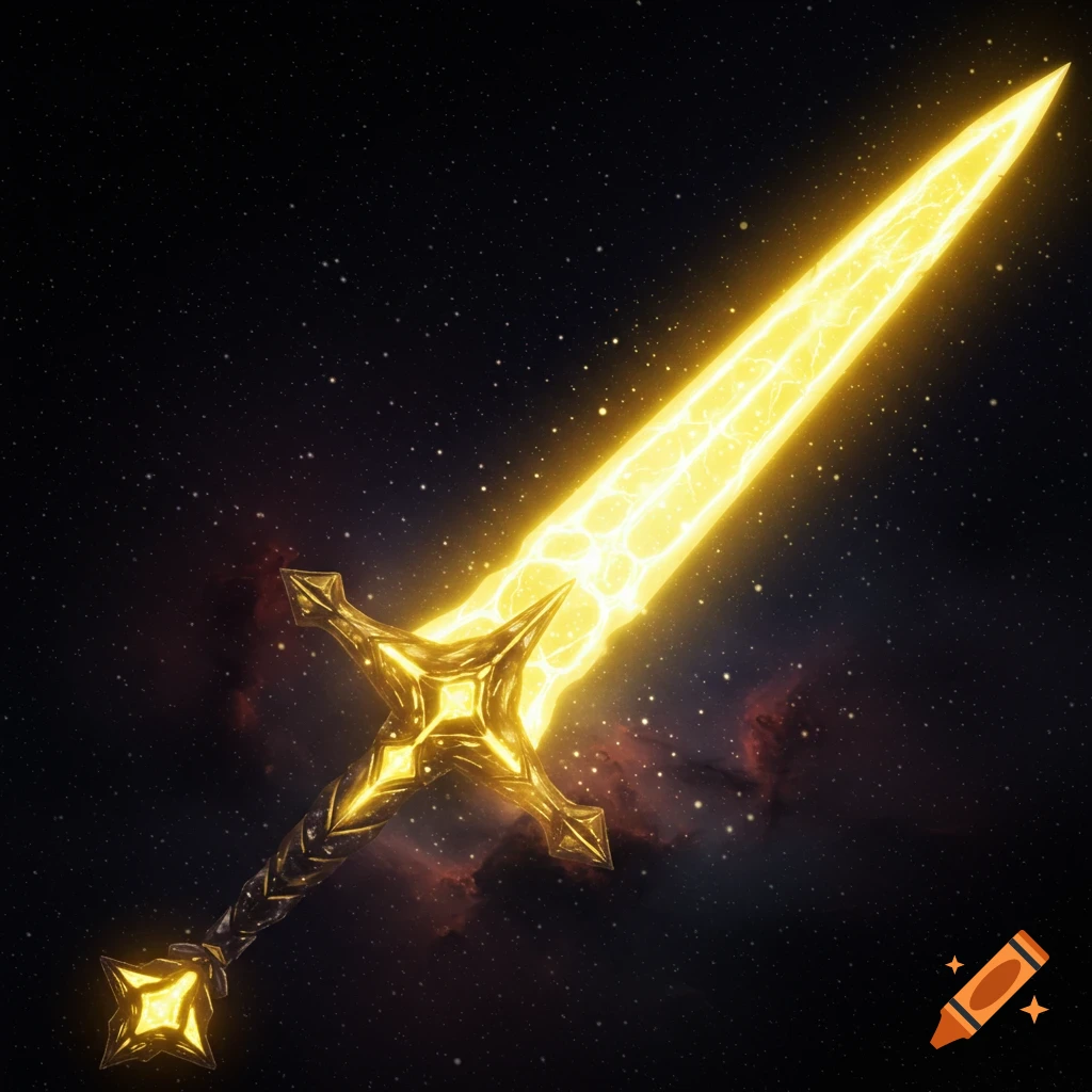 A glowing golden fantasy sword made of starlight floats in space.