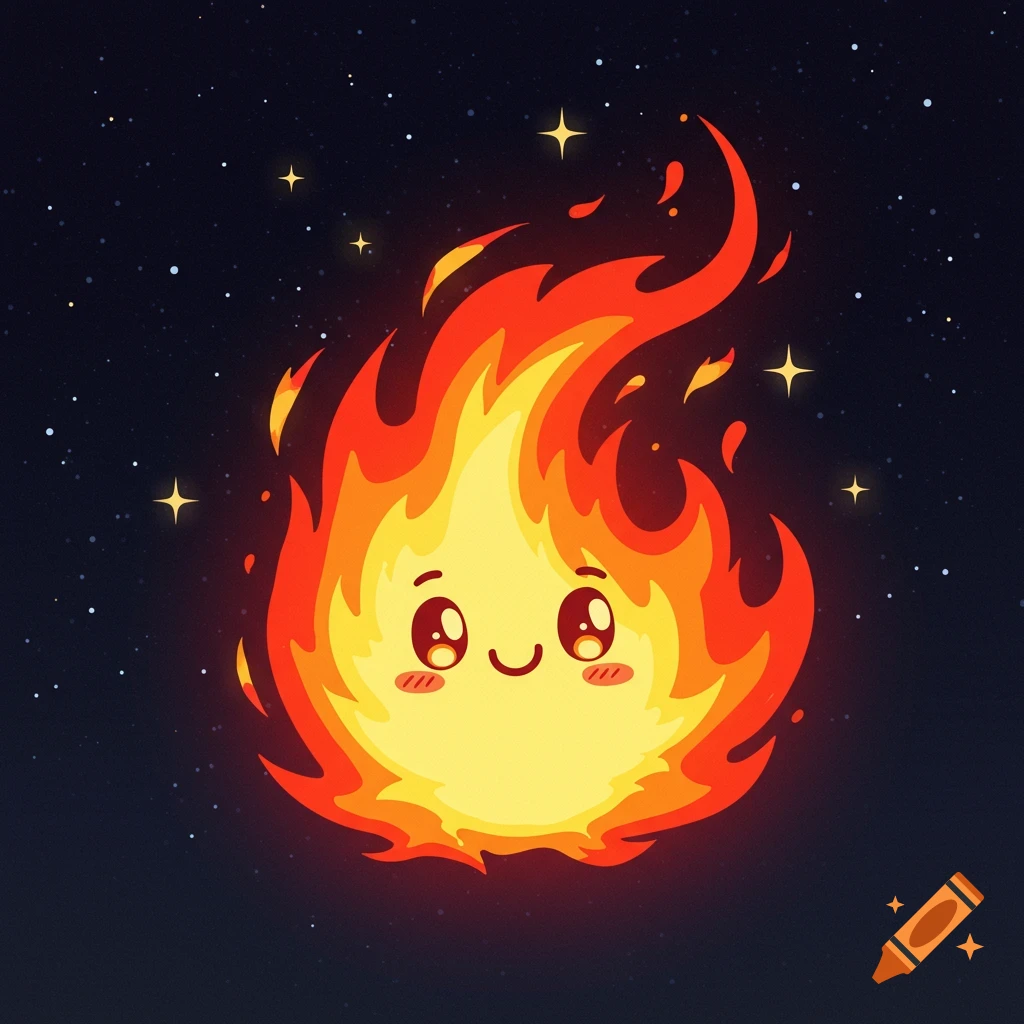 A cute cartoon fire character floats in space among stars.