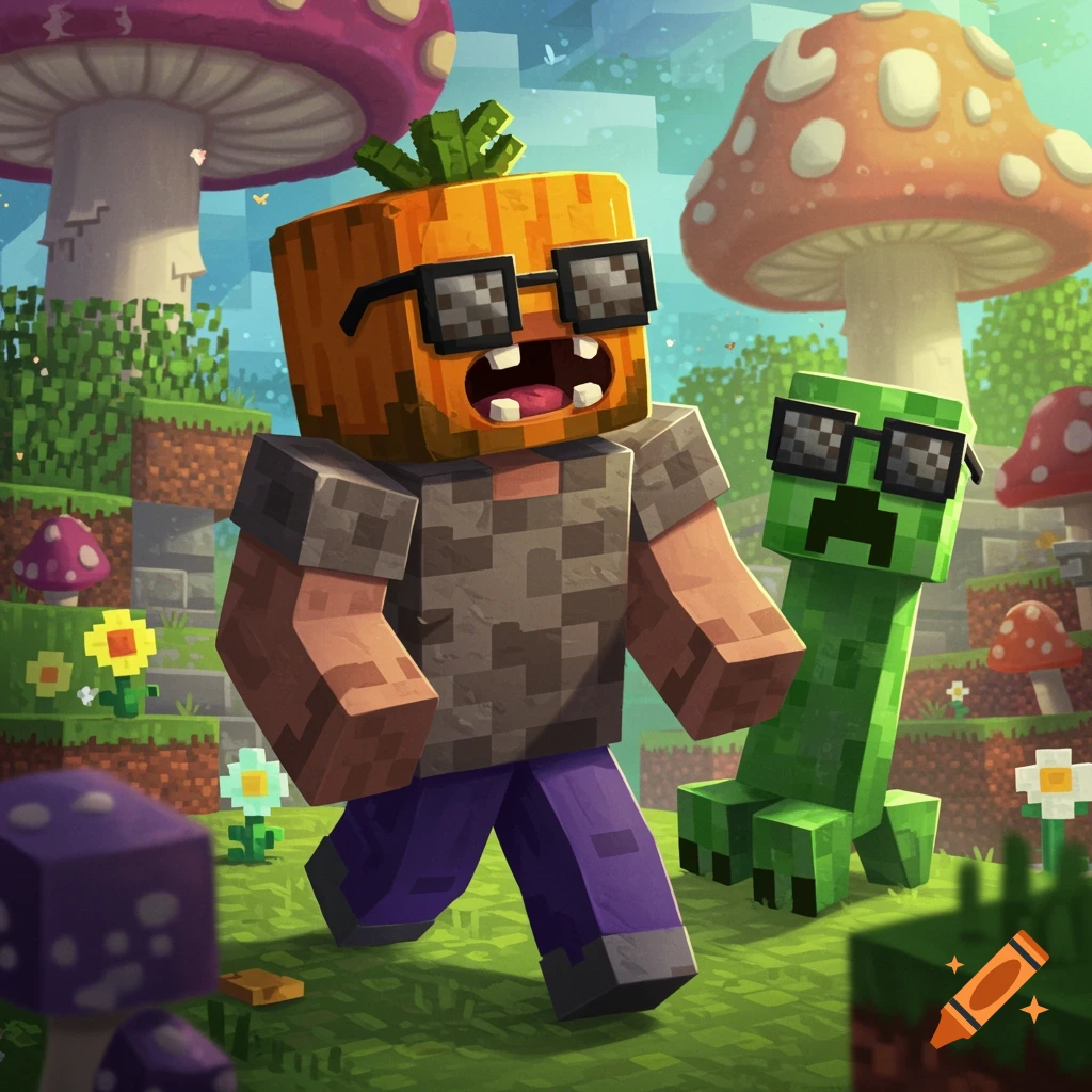 Minecraft character with pumpkin head and a Creeper wearing sunglasses in a mushroom biome