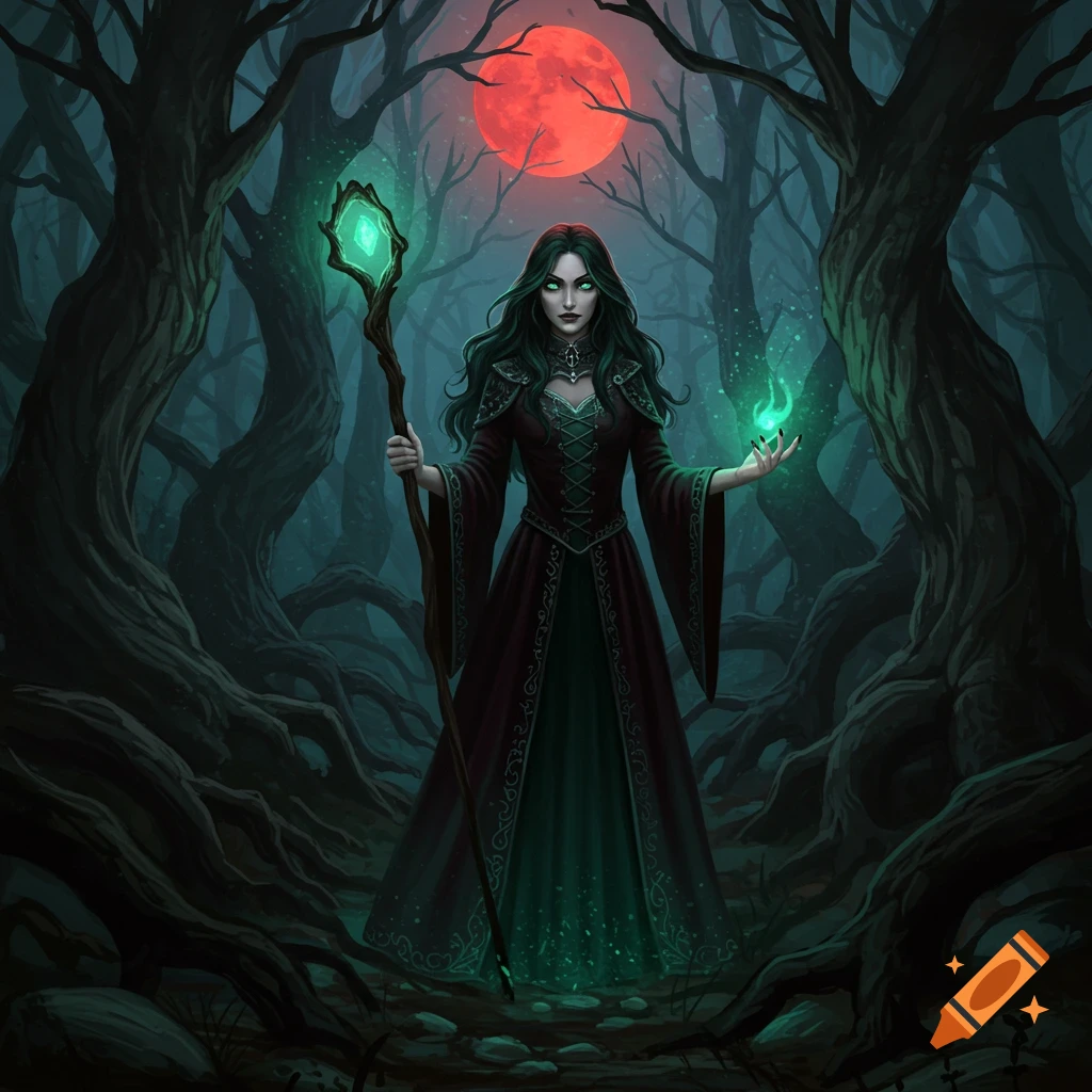 A witch with a glowing staff and magic in a dark forest under a red moon.