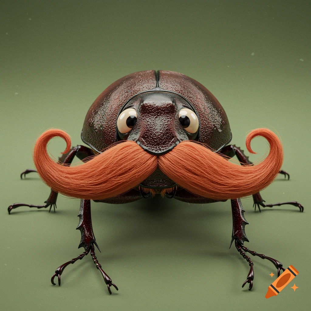 A photorealistic rendering of a beetle with a large, curled orange handlebar mustache and wide, expressive eyes.