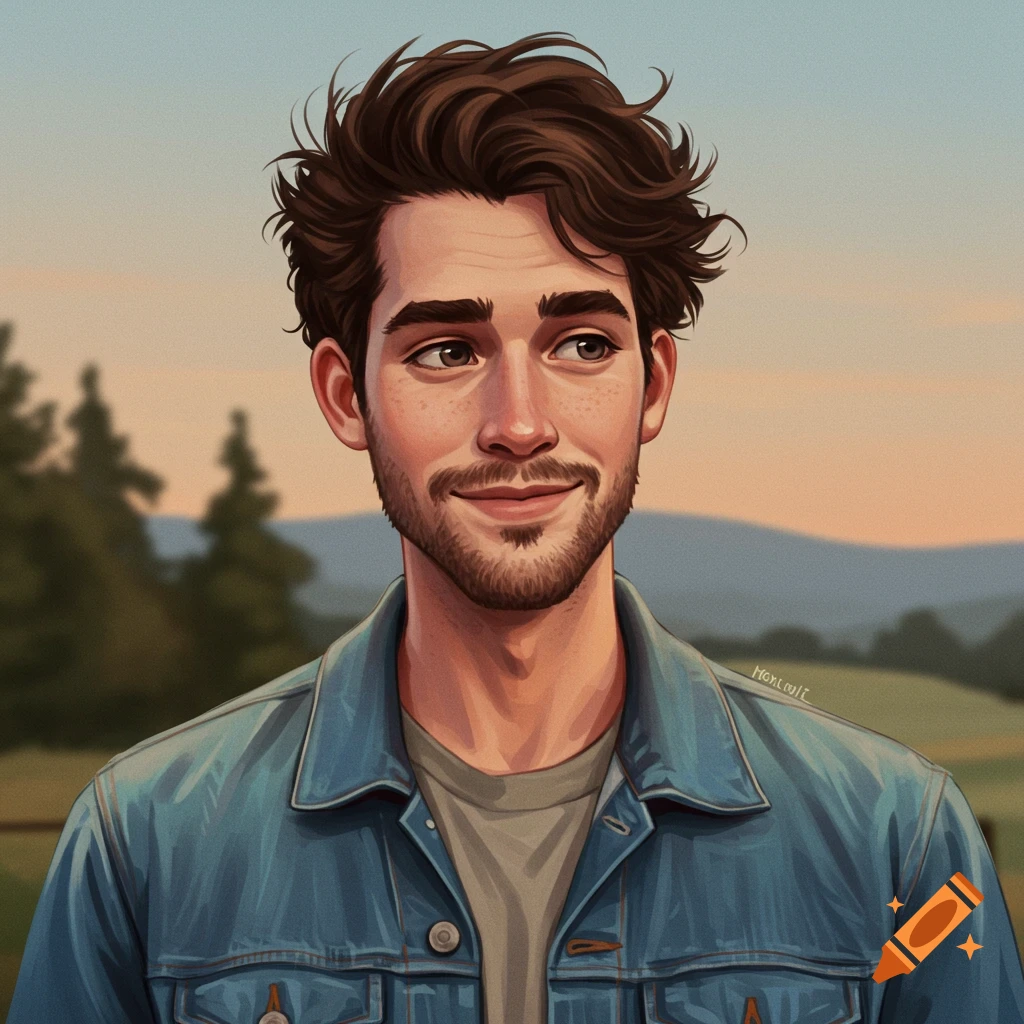 A young man in a denim jacket outdoors at sunset