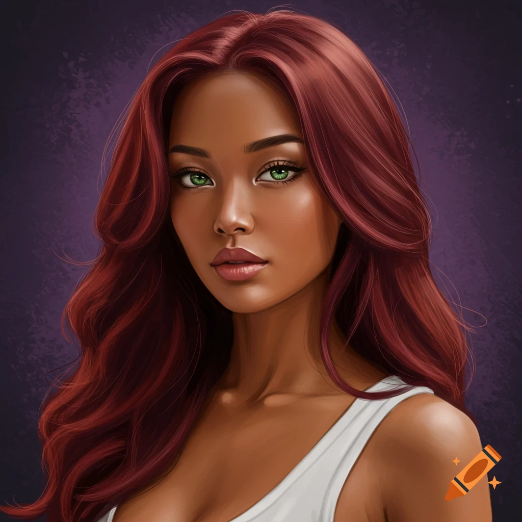 Portrait of a woman with long red hair and green eyes wearing a white tank top.