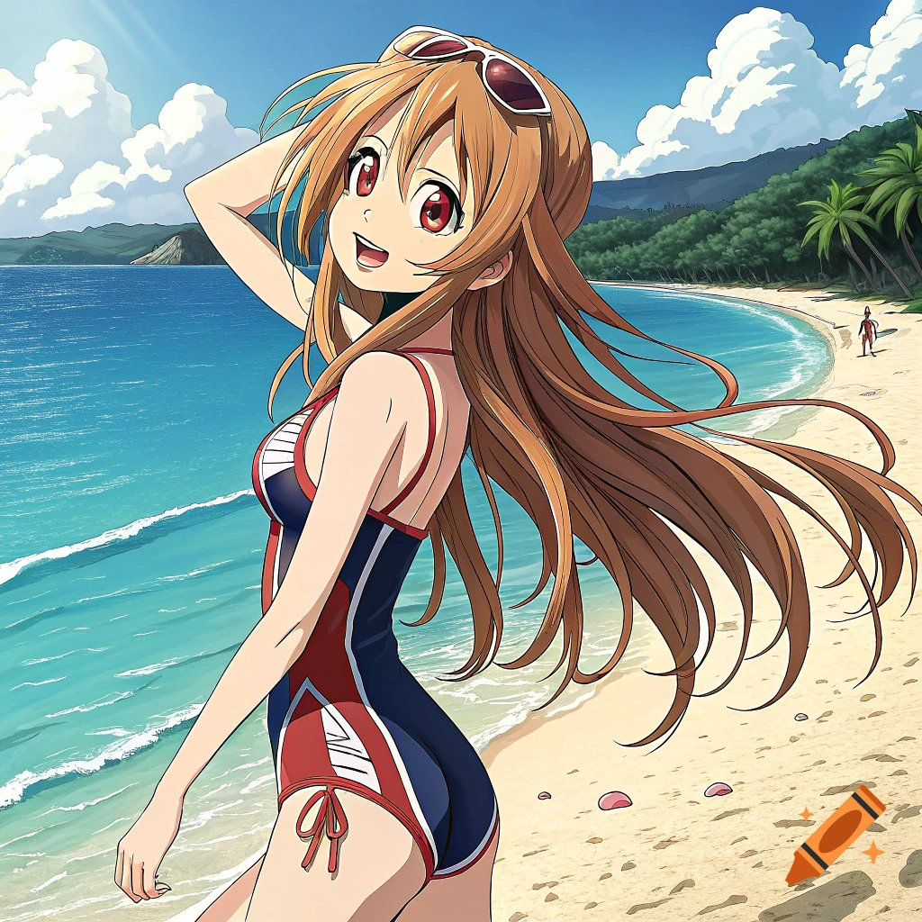 Anime girl in a swimsuit on a beach