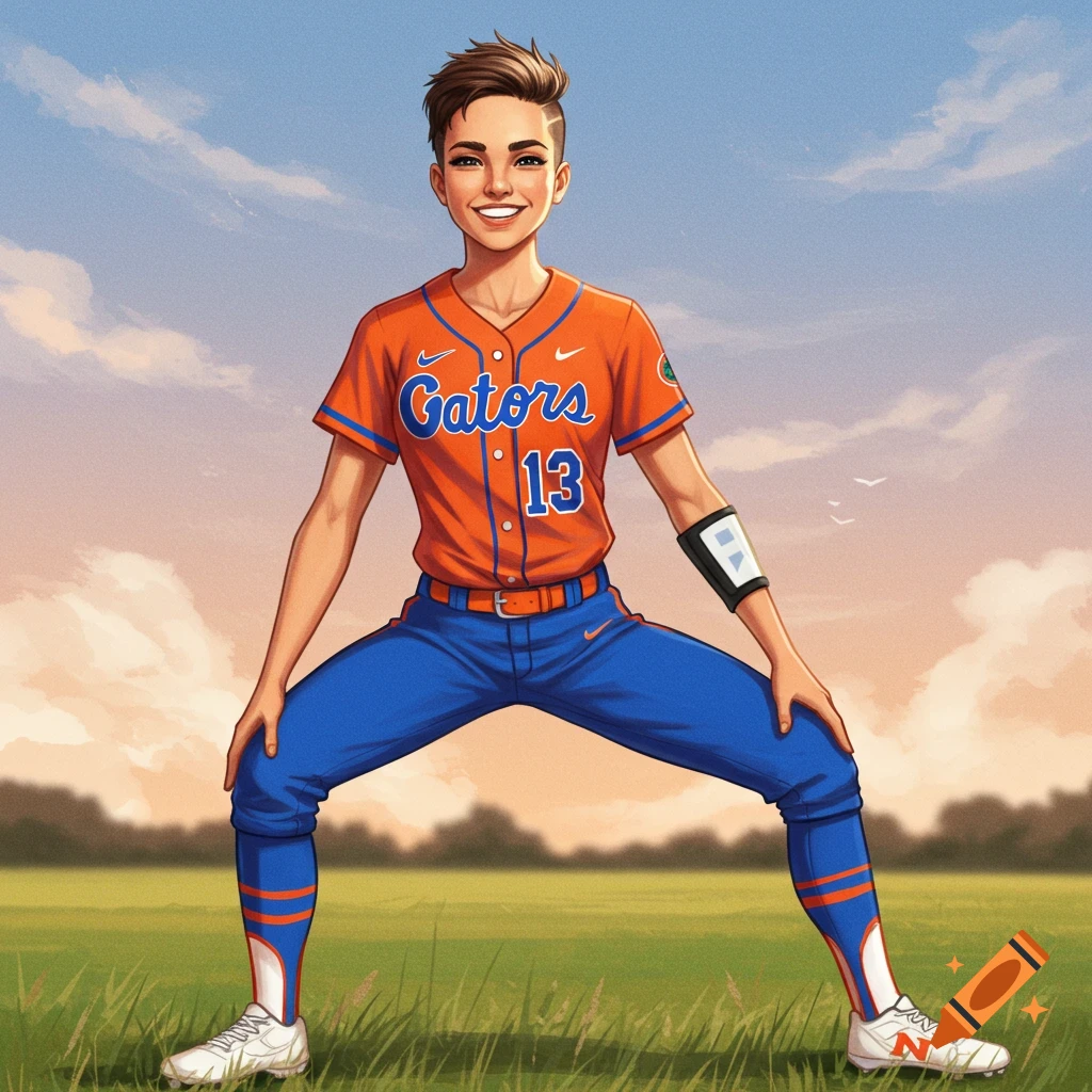 Illustration of a person in a Florida Gators softball uniform in a field.