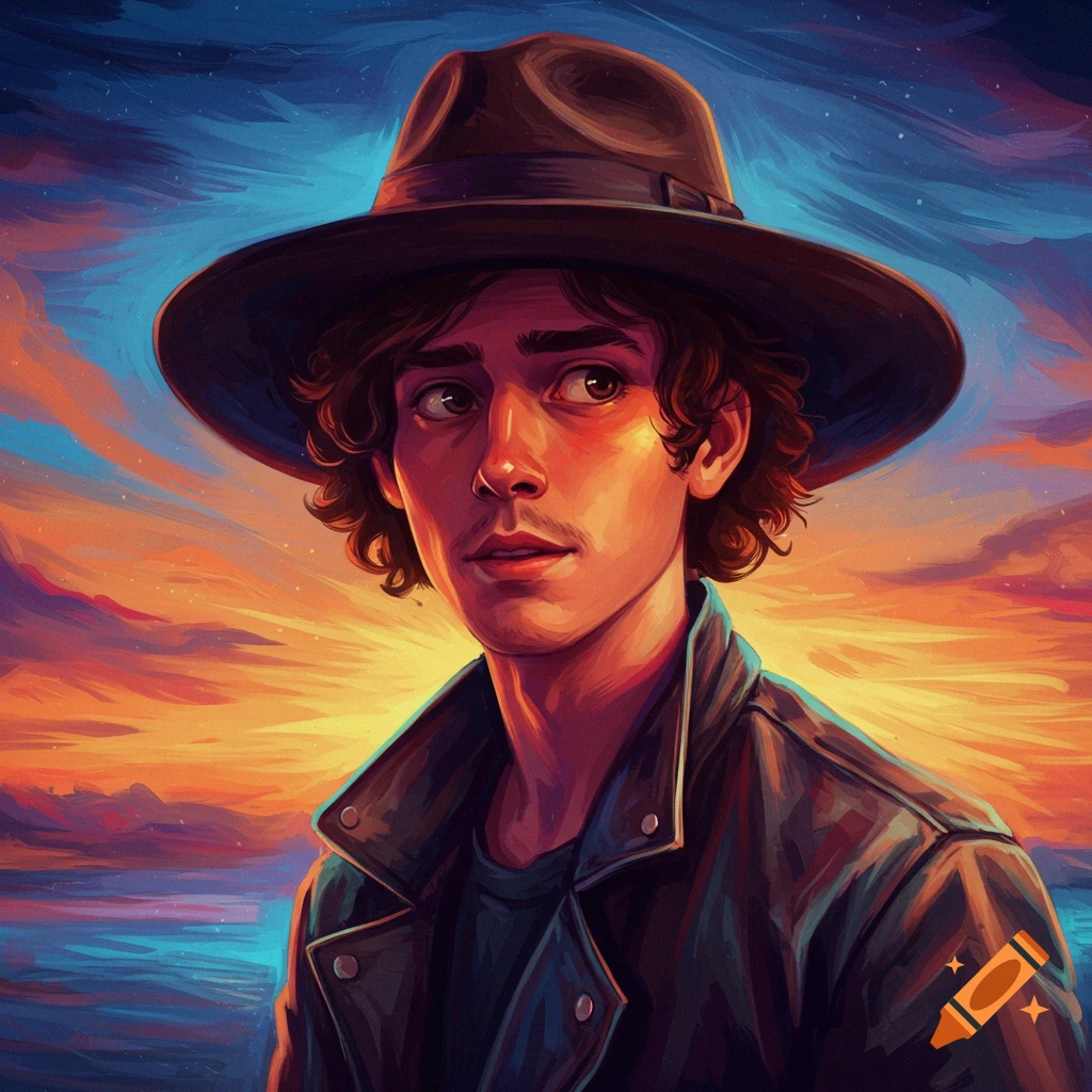 A person wearing a hat against a dramatic sunset sky.