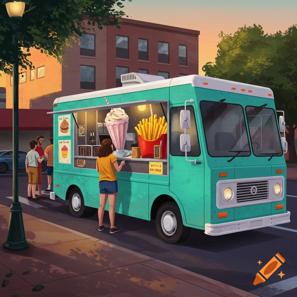 Turquoise food truck serving milkshakes and french fries on a city street at sunset.