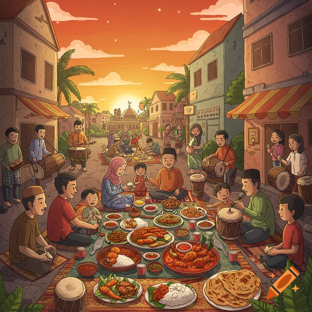 Illustrated scene of a community gathering outdoors for a meal at sunset, with people eating, talking, and playing drums.