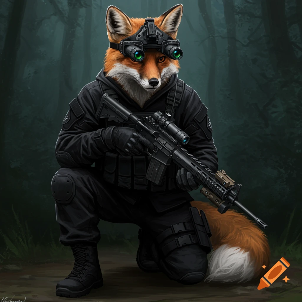 A fox in black tactical gear with night vision goggles, kneeling and holding a rifle in a forest.