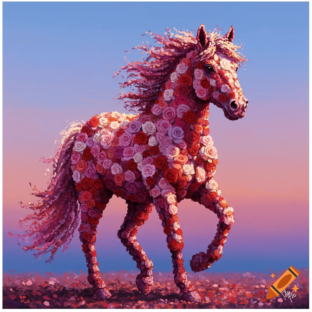 A horse covered in red and pink roses, trotting against a sunset sky.