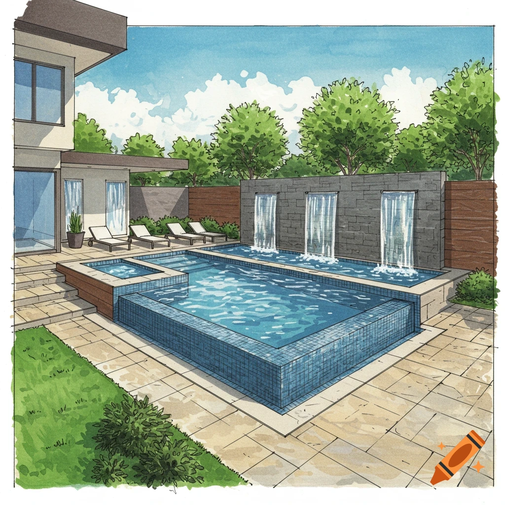 An illustration of a modern backyard with a rectangular pool, integrated spa, waterfalls on a stone wall, and lounge chairs.