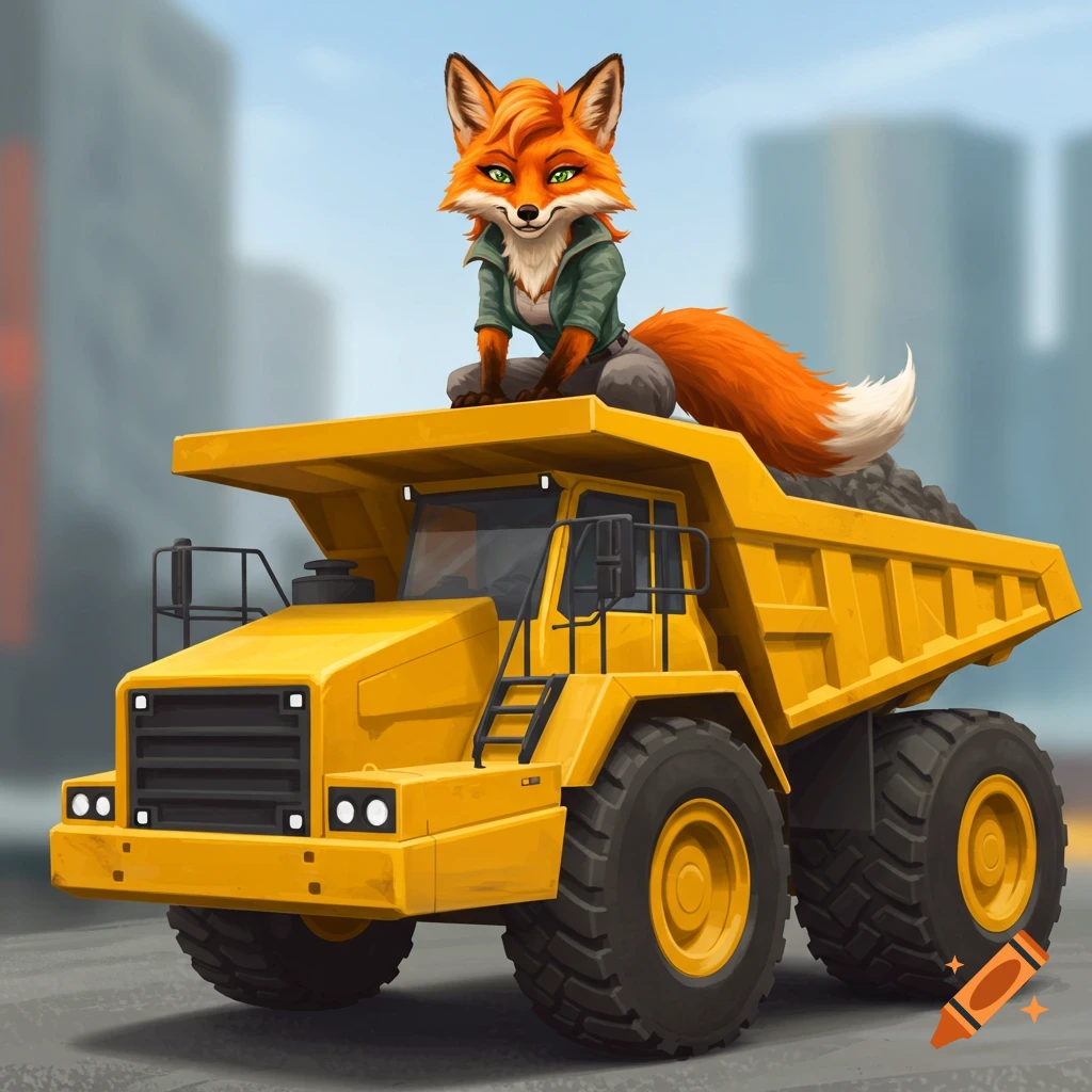 A cartoon-style fox sitting on top of a yellow dump truck.