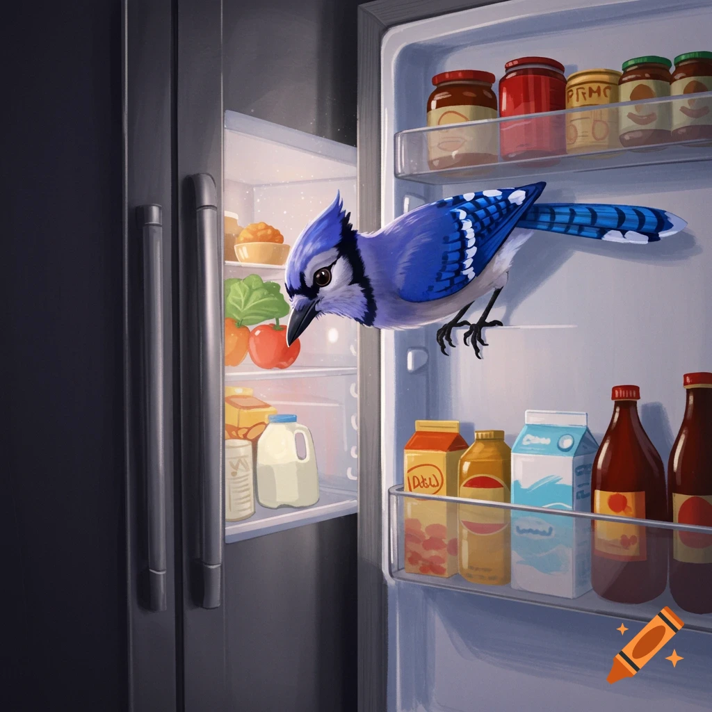 A blue jay looking into an open refrigerator filled with food.