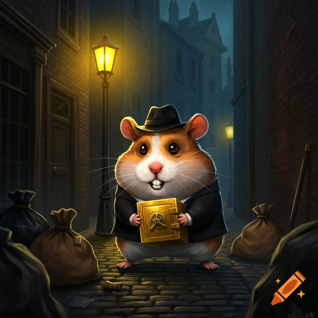 A cute hamster dressed in a suit and hat, holding a gold safe in a dark alley at night.