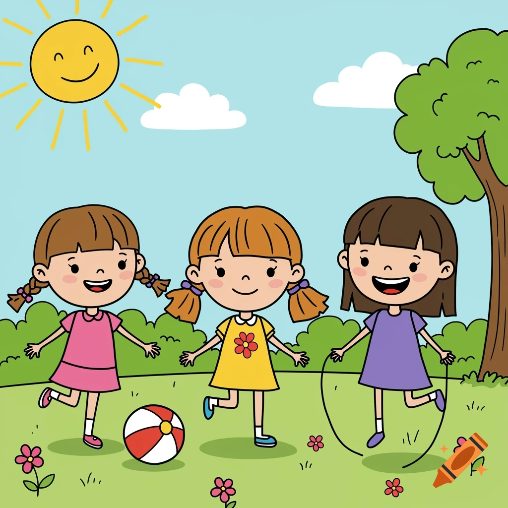 Three cartoon girls playing with ball and jump rope in a park on a sunny day.