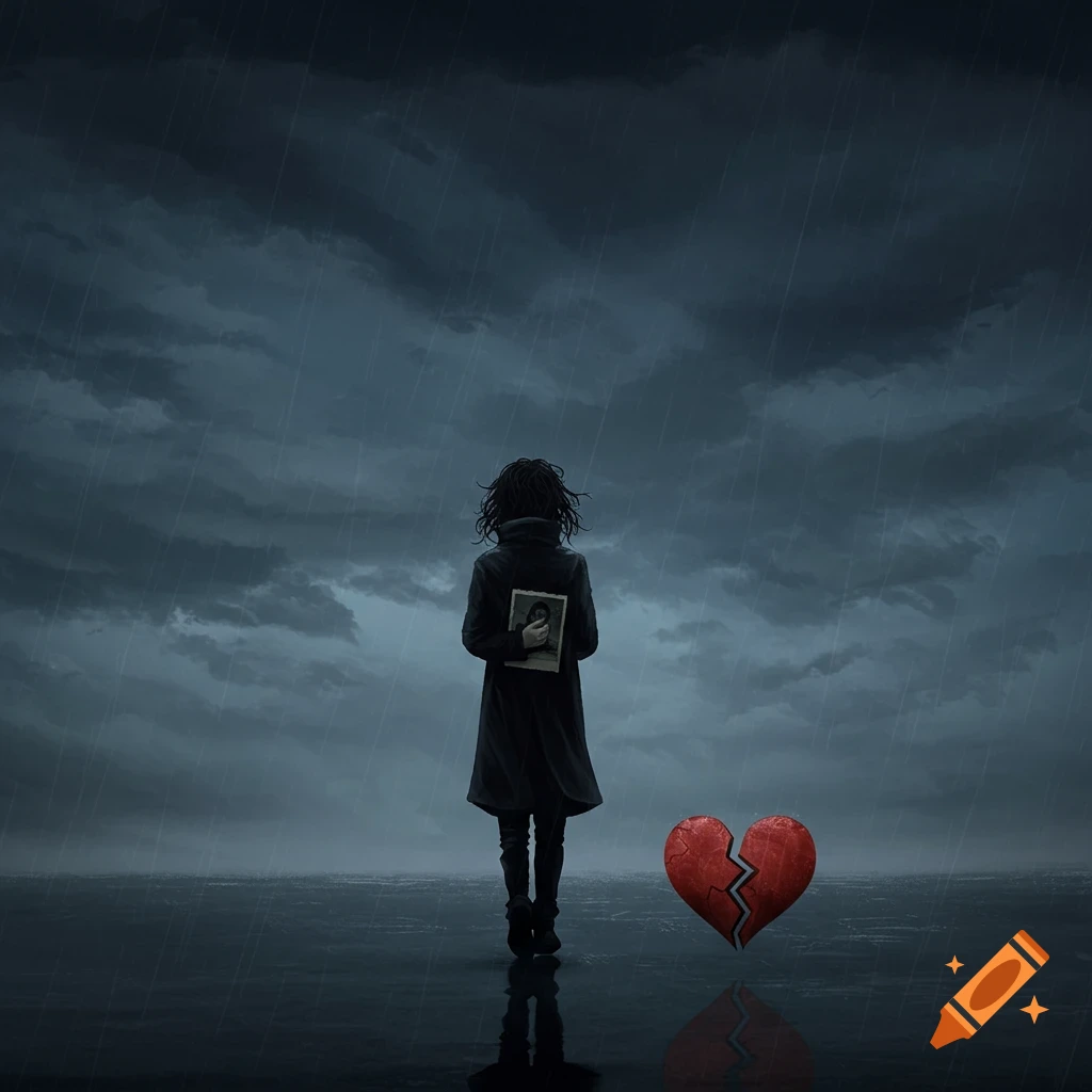 A figure stands in the rain, holding a photograph beside a broken heart beneath a stormy sky.