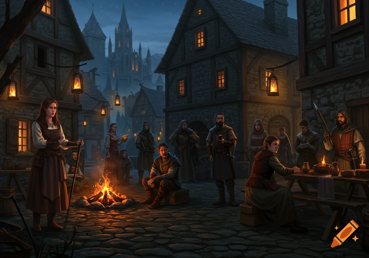 A medieval village street at night with people gathered around a campfire, lit by lanterns.
