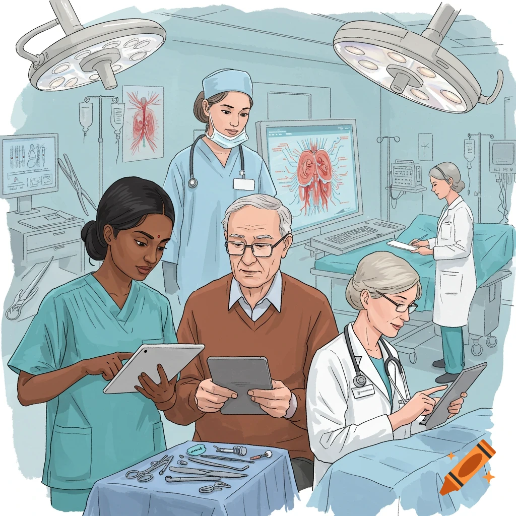 Medical professionals and a patient reviewing information in a healthcare setting.