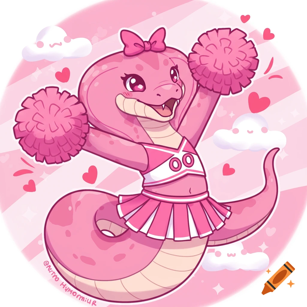 Cute pink cartoon snake dressed as a cheerleader with pom-poms